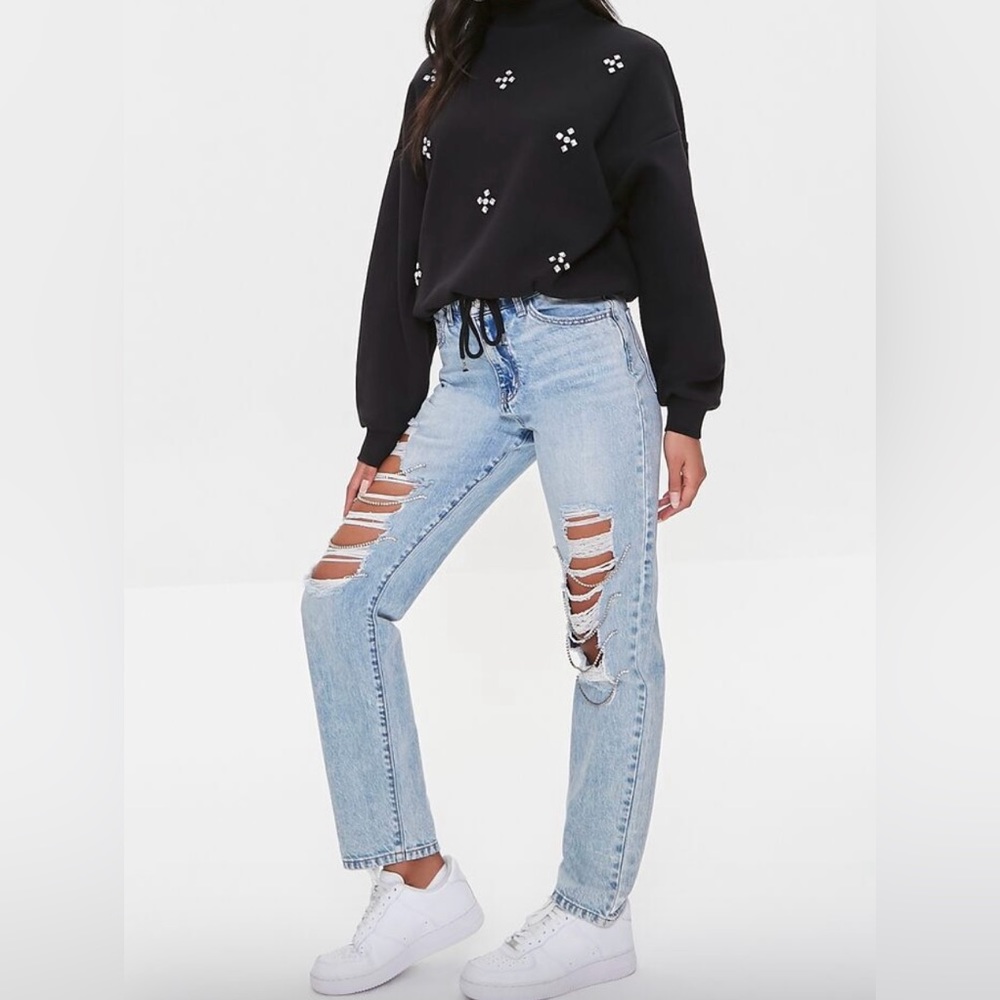 Black Faux Gem Mock Neck Pullover